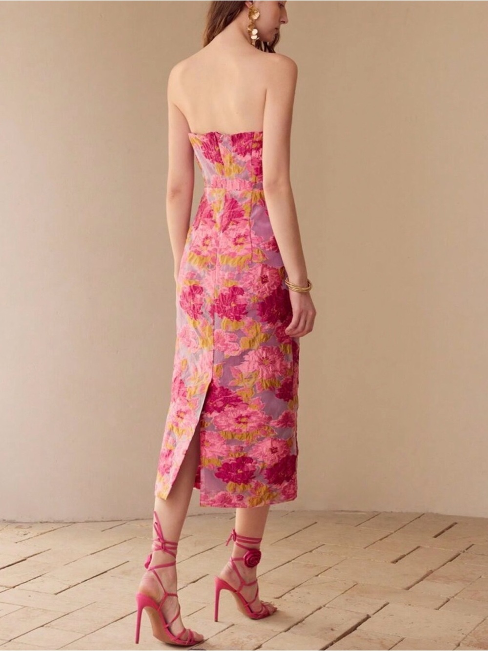 Pink Women's Premium Floral Jacquard Tube midi Dress